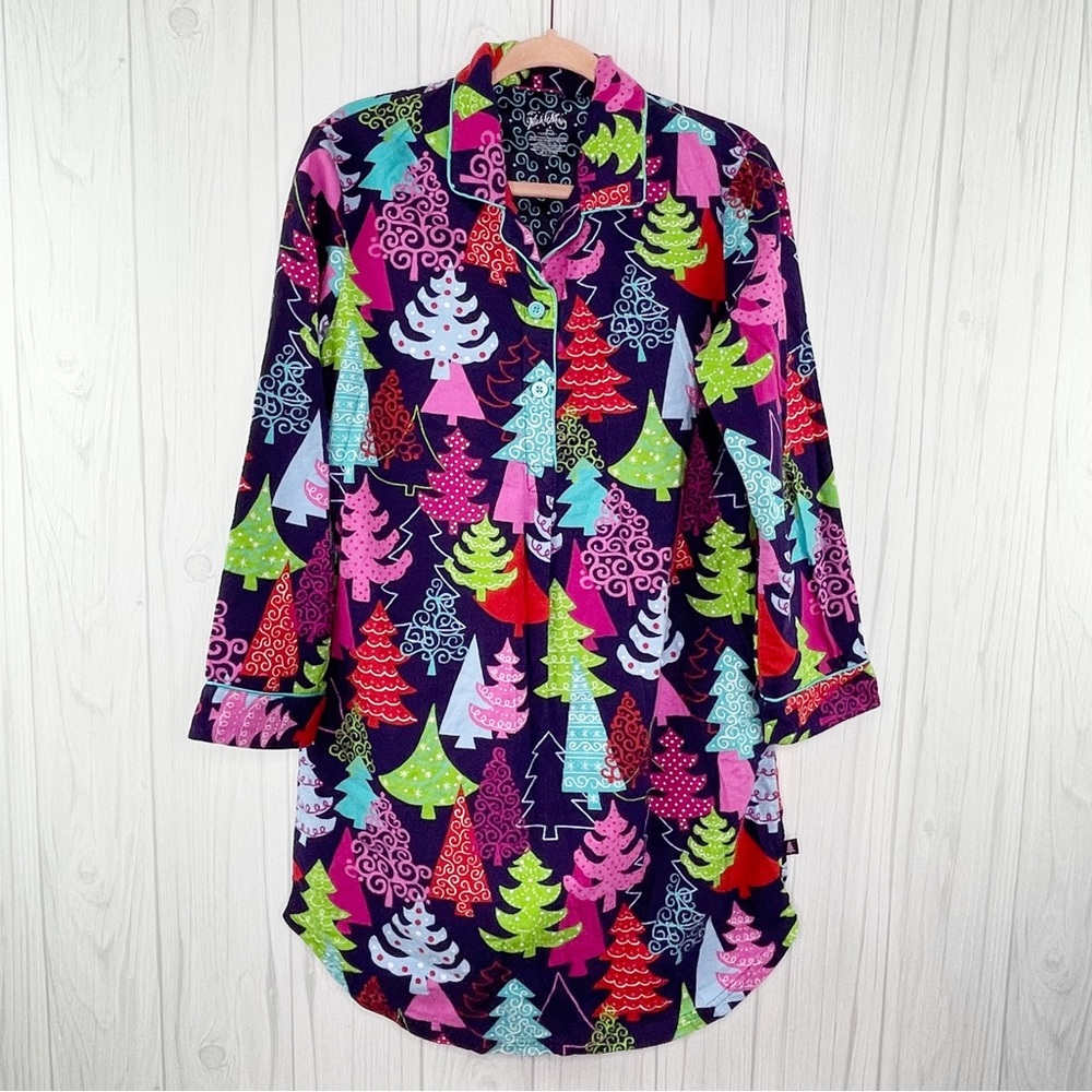 Nick Nora Christmas Tree Gown Purple Sleep Shirt Flannel Size S